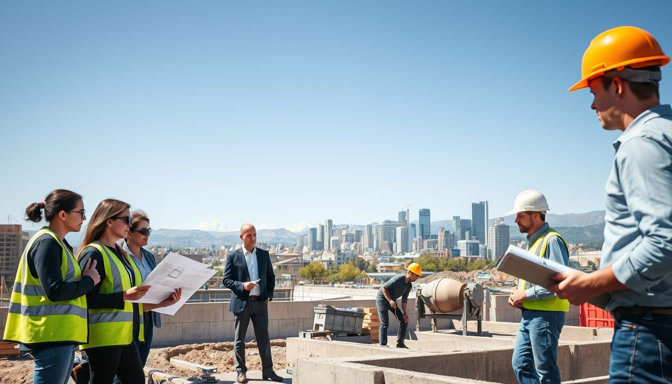 A bustling construction site in Denver showcasing various concrete work activities. In the foreground, a diverse group of professionals dressed in smart casual work attire reviews construction blueprints and permits. The middle ground features workers pouring concrete into forms, with one using a concrete mixer, while another directs with a clipboard in hand. The background highlights the iconic Denver skyline with a mix of modern buildings and mountainous terrain under a clear blue sky. Bright, natural sunlight illuminates the scene, casting soft shadows and emphasizing the details of the equipment and the focused expressions of the workers. The atmosphere conveys a sense of teamwork, diligence, and compliance with regulations.