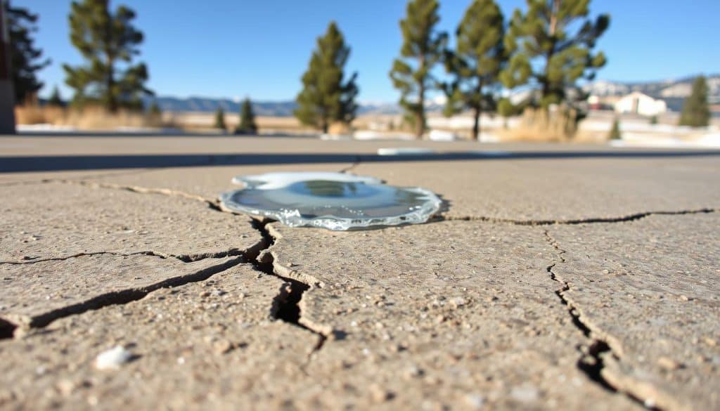 A close-up of a concrete patio showing visible damage from freeze-thaw cycles, with large cracks and surface flaking. In the foreground, focus on the detailed textures of the cracked concrete, emphasizing the effect of moisture infiltration. The middle section features patches of ice and snow melting into the cracks, illustrating the harsh Colorado climate. The background showcases a typical Colorado landscape with pine trees and distant mountains under a clear blue sky, capturing the essence of the region. The lighting is bright and natural, suggesting a winter morning, with soft shadows enhancing the depth of the textures. The overall mood conveys a sense of cold resilience, presenting the challenges of maintaining concrete in fluctuating temperatures without any people present.