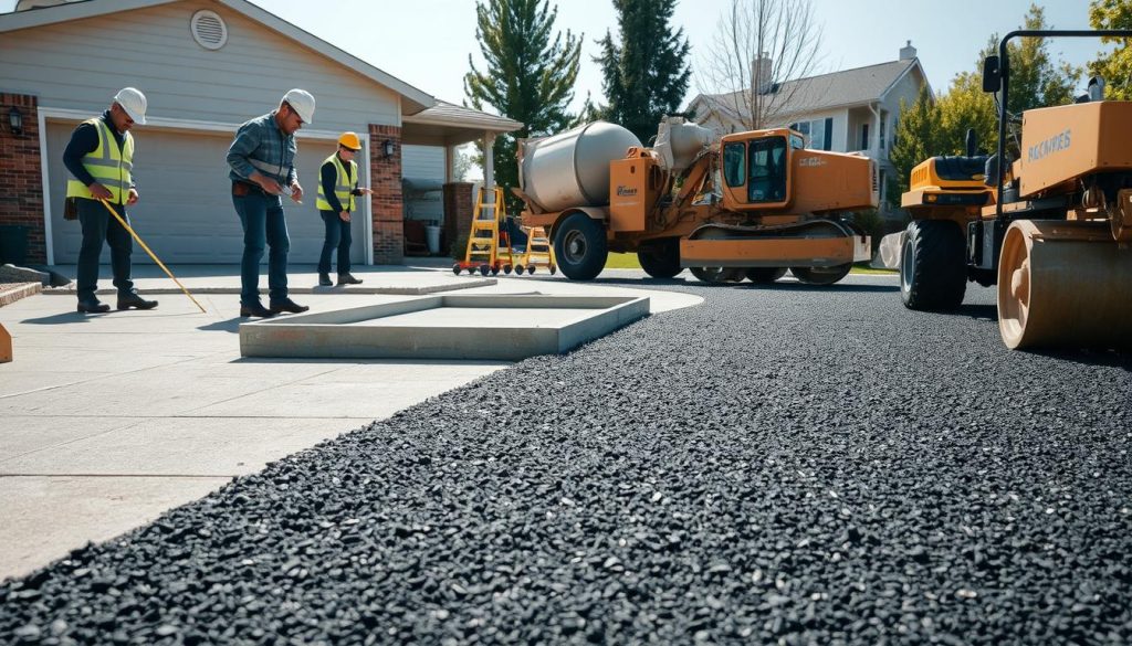 A detailed scene depicting the driveway installation process, focusing on both concrete and asphalt options. In the foreground, skilled workers in professional attire are busy evaluating the worksite; one is leveling ground while another measures dimensions. The middle ground shows freshly mixed concrete being poured into a form, while another section features hot asphalt being laid down. In the background, tools like a concrete mixer and asphalt roller can be seen, set against a suburban Denver home. The lighting is bright and natural, suggesting a clear day, with soft shadows creating a focused atmosphere. The angle is slightly elevated, providing a comprehensive view of the installation steps and showcasing the meticulous nature of the work being performed. A detailed scene depicting the driveway installation process, focusing on both concrete and asphalt options. In the foreground, skilled workers in professional attire are busy evaluating the worksite; one is leveling ground while another measures dimensions. The middle ground shows freshly mixed concrete being poured into a form, while another section features hot asphalt being laid down. In the background, tools like a concrete mixer and asphalt roller can be seen, set against a suburban Denver home. The lighting is bright and natural, suggesting a clear day, with soft shadows creating a focused atmosphere. The angle is slightly elevated, providing a comprehensive view of the installation steps and showcasing the meticulous nature of the work being performed.
