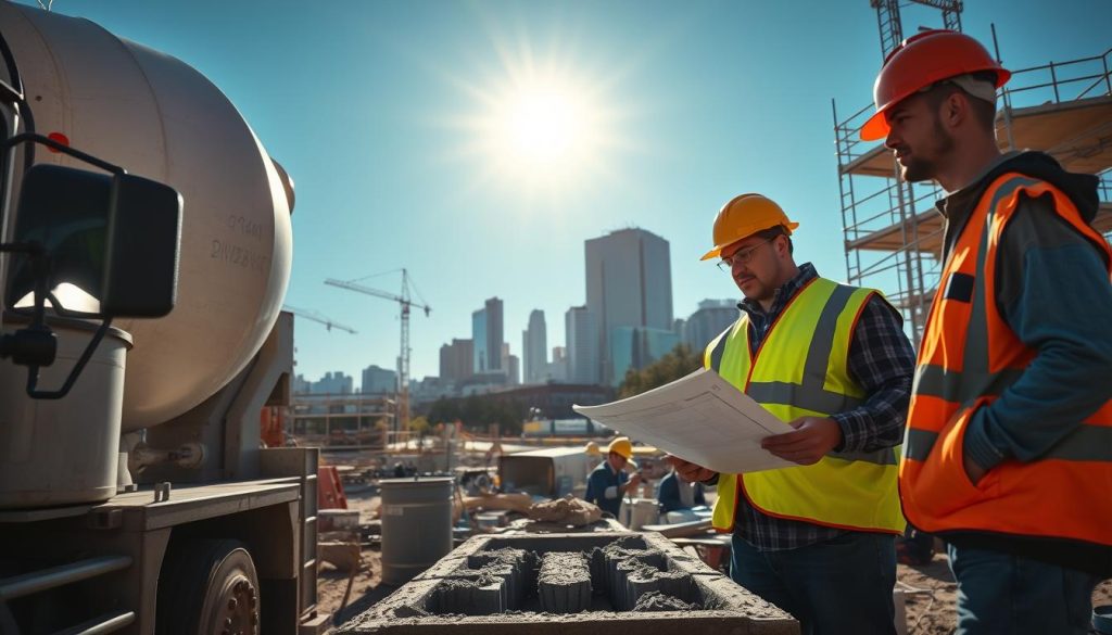 A detailed view of a Denver construction site with concrete projects, prominently featuring workers in professional safety gear, such as hard hats and high-visibility vests, inspecting blueprints and safety codes. In the foreground, a concrete mixer truck is pouring fresh concrete into a mold, demonstrating compliance with safety regulations. The middle ground includes scaffolding and tools, highlighting the work in progress. In the background, the downtown Denver skyline is visible under a clear blue sky, with sunlight illuminating the site and casting soft shadows. The atmosphere is industrious and focused, reflecting the seriousness of safety in construction. The composition should emphasize the structure and order of the site, capturing the essence of community safety codes and regulations in a professional context.