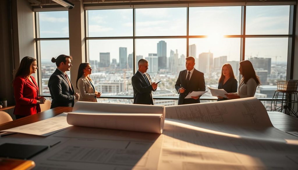 A professional workspace displaying concrete project planning materials, including blueprints and compliance checklists, prominently featured on a large desk in the foreground. In the middle ground, a diverse group of clearly defined individuals in professional business attire engage in a discussion, analyzing detailed construction plans and regulatory documents. The background showcases a large window allowing natural light to flood in, illuminating a cityscape of Denver with construction sites in view. Use a warm color palette to create a welcoming atmosphere, and incorporate soft shadows to add depth. Capture the scene from a slightly elevated angle, emphasizing the collaborative effort in planning and compliance for concrete projects. The overall mood conveys professionalism, teamwork, and attention to detail in project management.
