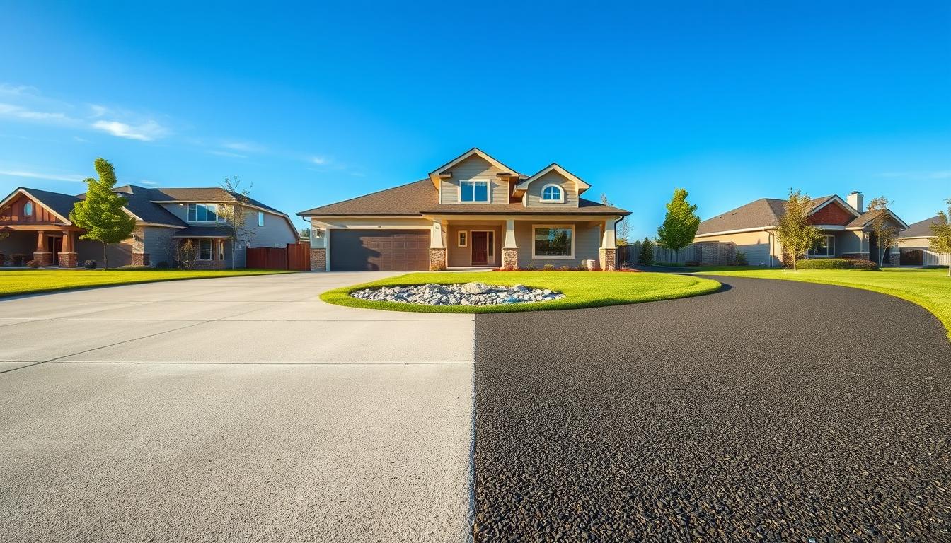 A split-scene illustration depicting a concrete driveway on the left and an asphalt driveway on the right, showcasing their textures and colors side by side. In the foreground, the concrete is light gray with a smooth finish, while the asphalt is dark black and slightly shiny. In the middle ground, there are contrasting landscaping features, such as green grass and decorative stones. In the background, a modern Denver home with a clear blue sky overhead gives context to the setting. Soft sunlight illuminates the scene, creating a warm and inviting atmosphere, captured with a wide-angle lens for a dynamic perspective. The mood should convey a sense of practicality and home improvement, highlighting the choices Denver homeowners face in 2025.