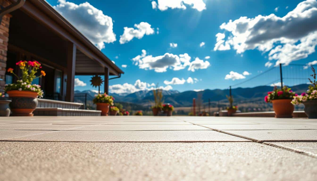 A well-maintained concrete patio set against the backdrop of Colorado's stunning natural beauty, showcasing the vibrant blue sky with white, fluffy clouds. In the foreground, the textured surface of the concrete patio glistens under the warm sunlight, highlighting its smooth finish and clean edges. Potted plants with colorful flowers are arranged along the perimeter, adding a touch of greenery. In the middle ground, there are mountains gently rising in the distance, partially shrouded in the soft glow of afternoon light, suggesting a serene atmosphere. Capture this scene from a slightly elevated angle to create depth, focusing on the harmony between the patio and the surrounding landscape, evoking a sense of tranquility and maintenance care.